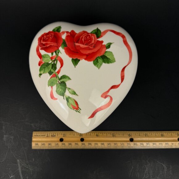 Vtg Teleflora Ceramic Heart Shaped Trinket Box w Lid Red Roses Flower Red Ribbon - Picture 9 of 13